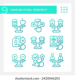 2D pixel perfect gradient icons set representing comparisons, blue thin linear illustration.