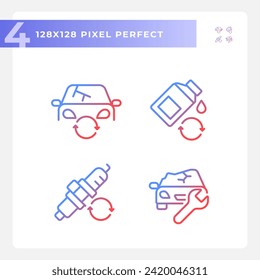 2D pixel perfect gradient icons set representing car repair and service, thin linear illustration.