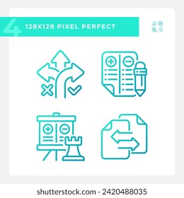 2D pixel perfect gradient icons set representing comparisons, blue thin linear illustration.