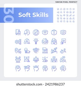 2D pixel perfect gradient icons pack representing soft skills, purple thin line illustration.