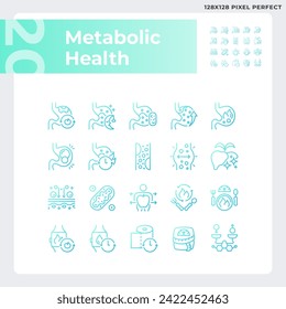 Paquete de iconos de gradiente de píxeles perfectos en 2D que representan el estado metabólico, ilustración de línea delgada.