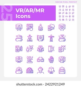 2D pixel perfect gradient icons pack representing VR, AR and MR, thin line illustration.