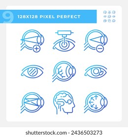2D pixel perfect gradient icons set representing eye care, thin line illustration.