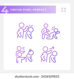 2D pixel perfect gradient icons set representing psychology, purple thin line illustration.