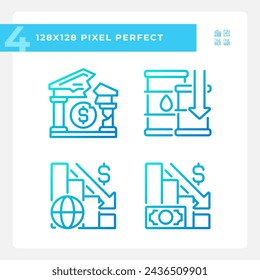 2D pixel perfect gradient icons set representing economic crisis, thin line blue illustration.
