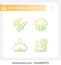 2D pixel perfect gradient icons set representing weapons, thin line illustration.