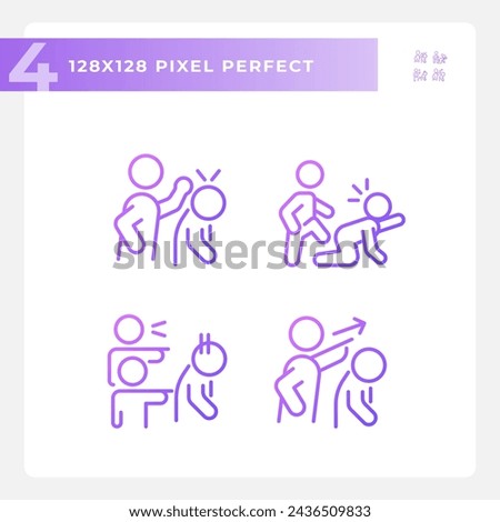 2D pixel perfect gradient icons set representing psychology, purple thin line illustration.