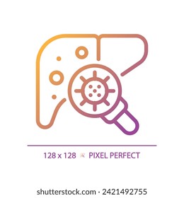 2D pixel perfect gradient liver with virus icon, isolated vector, thin line illustration representing bacteria.
