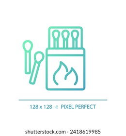 2D pixel perfect gradient match box and sticks icon, isolated vector, green hiking gear thin line illustration.