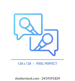 2D pixel perfect gradient media interview icon, isolated vector, thin line blue illustration representing journalism.