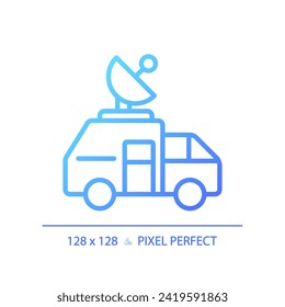 2D pixel perfect gradient news satellite van icon, isolated vector, thin line blue illustration representing journalism.