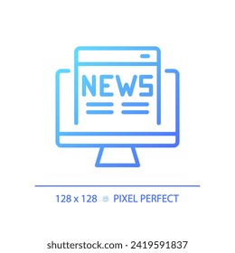 2D pixel perfect gradient online news icon, isolated vector, thin line blue illustration representing journalism.