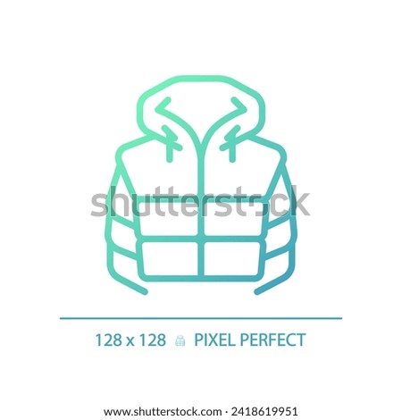 2D pixel perfect gradient padded jacket icon, isolated vector, green hiking gear thin line illustration.