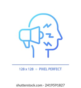 Icono de altavoz público de gradiente perfecto en píxeles 2D, vector aislado, ilustración azul de línea delgada que representa periodismo.
