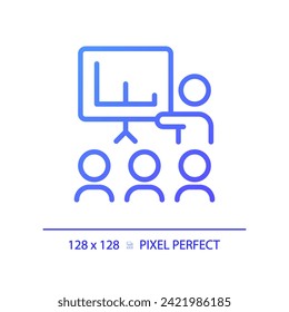 2D pixel perfect gradient public speaking icon, isolated vector, thin line purple illustration representing soft skills.