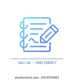 2D pixel perfect gradient report icon, isolated vector, thin line blue illustration representing journalism.