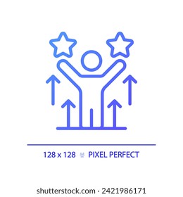 2D pixel perfect gradient self motivation icon, isolated vector, thin line purple illustration representing soft skills.
