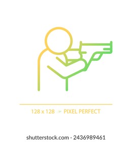 Icono de posición de disparo de gradiente perfecto de píxel 2D, vector aislado, ilustración de línea delgada que representa armas.