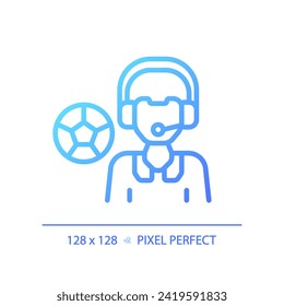 Icono de locutor deportivo de gradiente perfecto de píxel 2D, vector aislado, ilustración azul de línea delgada que representa periodismo.