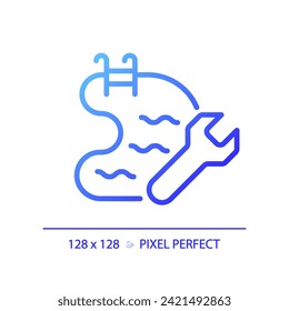 2D pixel perfect gradient swimming pool maintenance icon, isolated vector, blue thin line illustration representing plumbing.