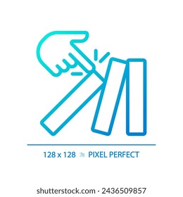 2D-Pixel perfekte Gradienten Taumeln Dominoes Ikone, isolierter Vektor, dünne Linie blaue Illustration, die Wirtschaftskrise darstellt.