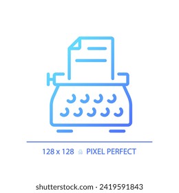 2D pixel perfect gradient typewriter icon, isolated vector, thin line blue illustration representing journalism.