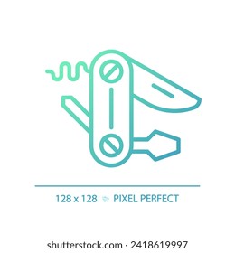 2D pixel perfect gradient utility knife icon, isolated vector, green hiking gear thin line illustration.