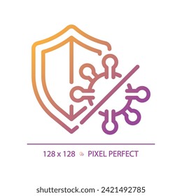 2D pixel perfect gradient virus with shield icon, isolated vector, thin line illustration representing bacteria.