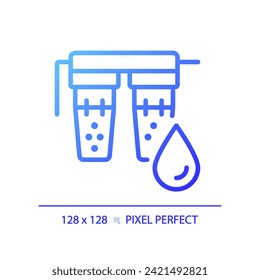 Icono de filtro de agua de gradiente perfecto en píxeles 2D, vector aislado, ilustración de línea delgada azul que representa la plomería.