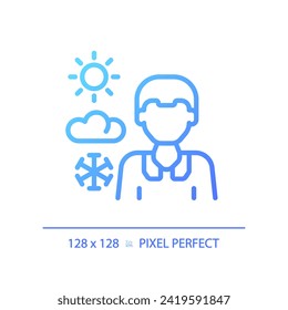 Icono de presentador de noticias de degradado perfecto en píxeles de 2D, vector aislado, ilustración azul de línea delgada que representa periodismo.