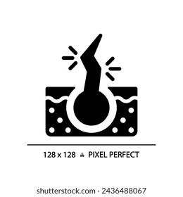 2D pixel perfect hair damage glyph style icon, isolated vector, haircare simple black silhouette illustration.