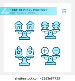 2D pixel perfect icons collection representing comparisons, editable blue thin line illustration.