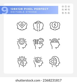 Colección de iconos perfectos de píxeles 2D que representan habilidades suaves, ilustración de línea delgada negra editable.