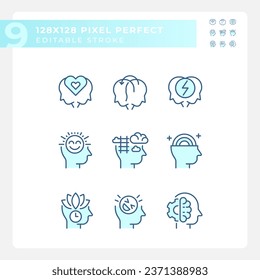 2D pixel perfect icons collection representing soft skills, editable blue thin line illustration.