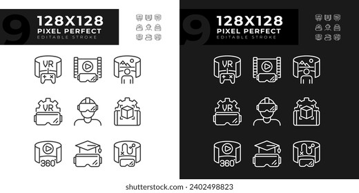 2D pixel perfect icons collection representing VR, AR and MR, editable light and dark thin line illustration.