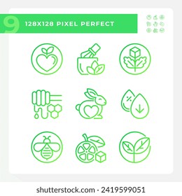 Colección de iconos perfectos en píxeles 2D que representa la ilustración de línea delgada de gradiente verde libre de alergenos.