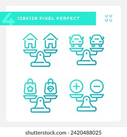Colección de iconos perfectos en píxeles 2D que representa comparaciones, ilustración de línea delgada de gradiente azul.
