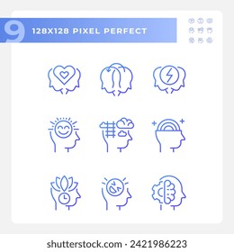 2D pixel perfect icons collection representing soft skills, purple gradient thin line illustration.