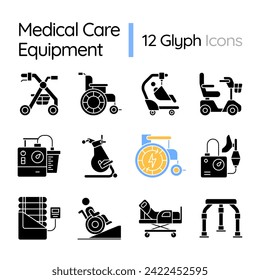 2D pixel perfect icons collection representing medical equipment, black silhouette illustration.