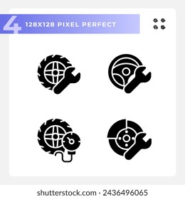 2D pixel perfect icons collection representing car repair and service, glyph style simple illustration.