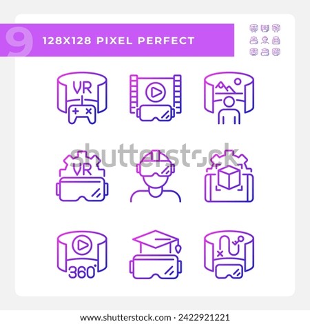 2D pixel perfect icons collection representing VR, AR and MR, gradient thin line illustration.
