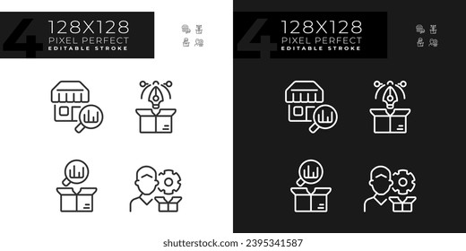 2D pixel perfect icons set for dark and light mode representing product management, editable thin line illustration.