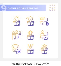 2D pixel perfect icons set representing product management, gradient thin line illustration.