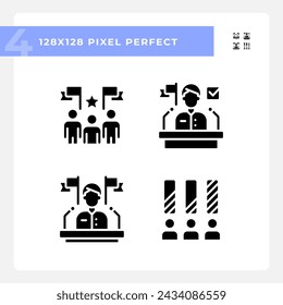2D pixel perfect illustration of glyph style icons representing election, flat design voting signs.