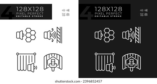 2D pixel perfect light and dark mode icons set representing soundproofing, editable thin line illustration.