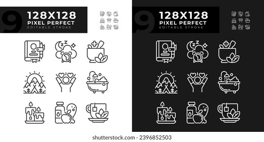 2D pixel perfect light and dark mode icons set representing meditation, editable thin line wellness illustration.