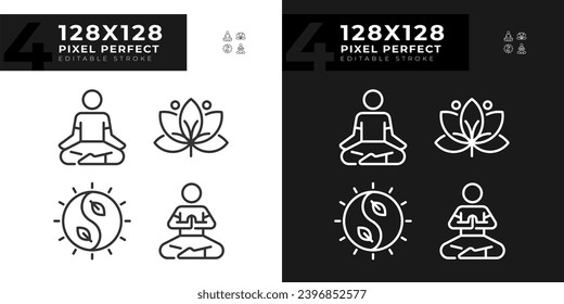 2D pixel perfect light and dark mode icons set representing meditation, editable thin line wellness illustration.