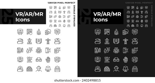 2D pixel perfect light and dark icons pack representing VR, AR and MR, editable thin line illustration.