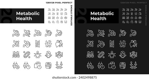 2D pixel perfect light and dark icons pack representing metabolic health, editable thin line illustration.