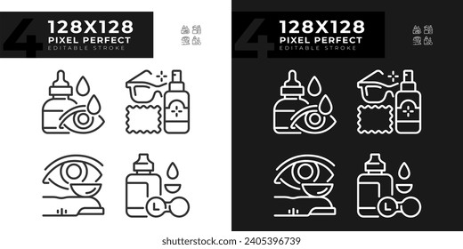 2D pixel perfect light and dark icons set representing eye care, editable thin linear illustration.